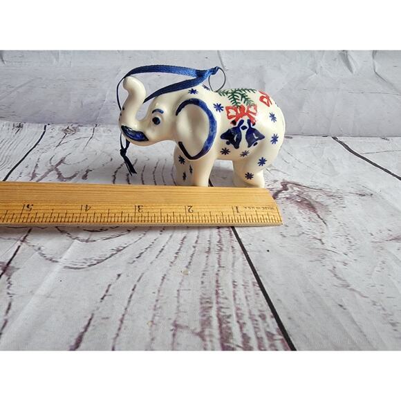 Polished Pottery hand painted Elephant Blue stars a pine tree design Ornament - Picture 8 of 8